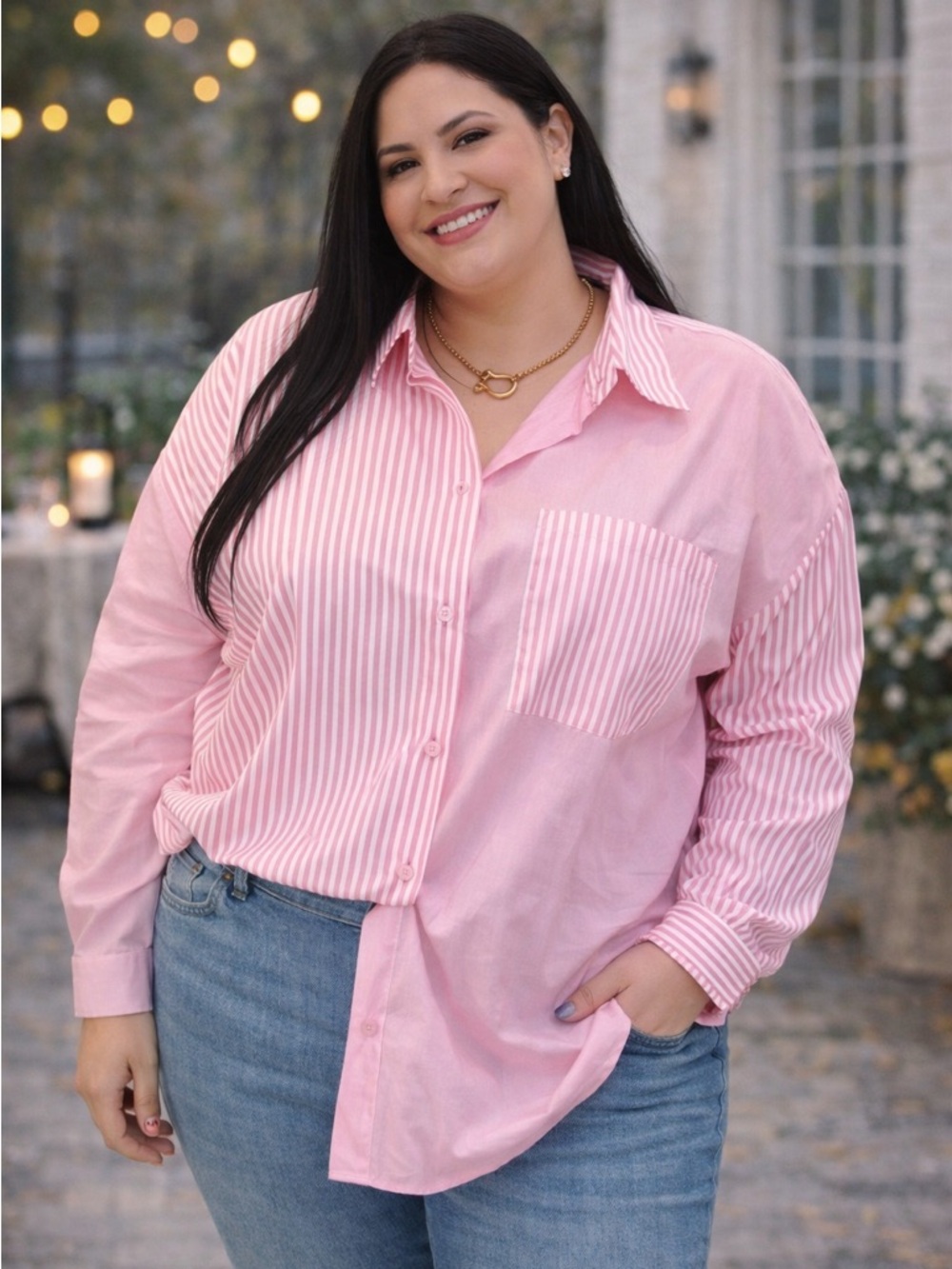 🔥Pink Striped Button Down Shirt ✨ Blogger Style Oversized Chic Pocket Blouse